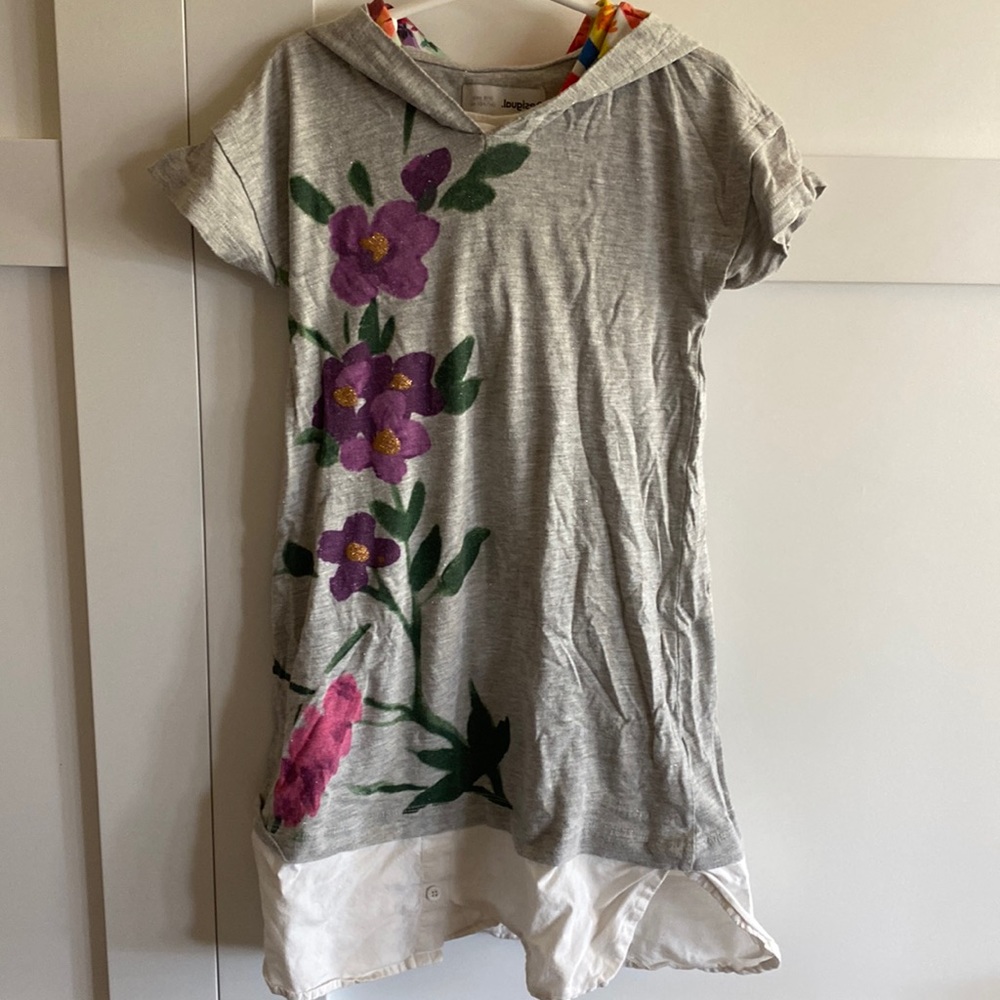 Desigual Dress with Hood, Flower Print, and Dress Shirt Border